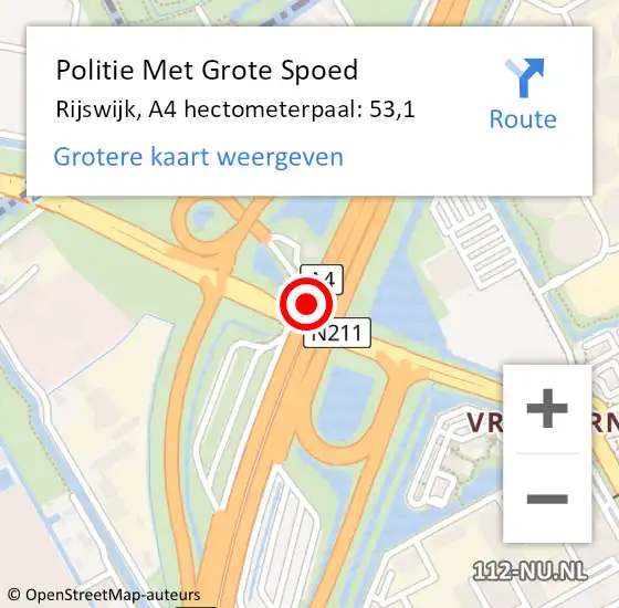 Locatie op kaart van de 112 melding: Politie Met Grote Spoed Naar Rijswijk, A4 hectometerpaal: 53,1 op 27 september 2022 23:29