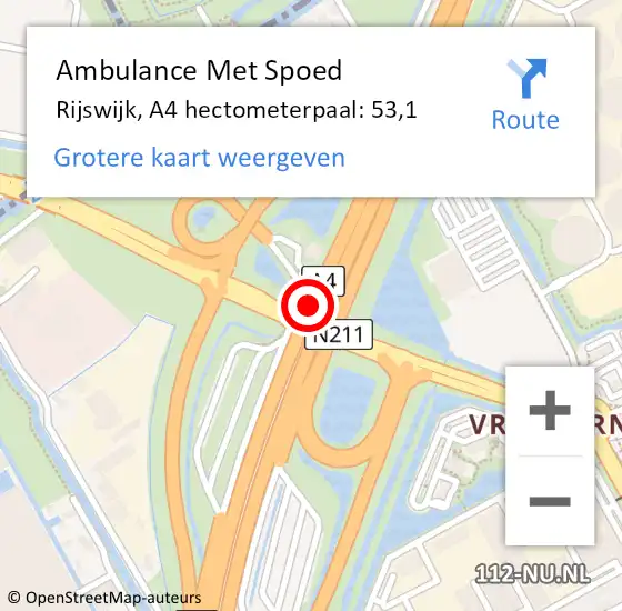 Locatie op kaart van de 112 melding: Ambulance Met Spoed Naar Rijswijk, A4 hectometerpaal: 53,1 op 27 september 2022 23:32