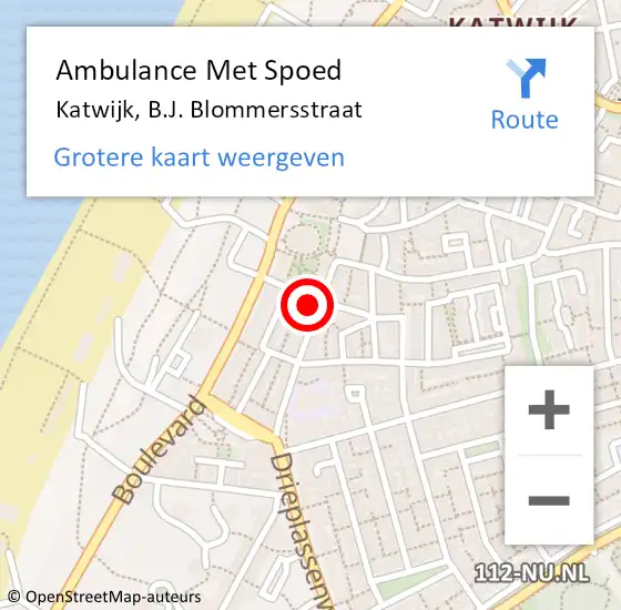 Locatie op kaart van de 112 melding: Ambulance Met Spoed Naar Katwijk, B.J. Blommersstraat op 28 september 2022 03:26