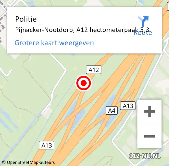 Locatie op kaart van de 112 melding: Politie Den Haag, A12 hectometerpaal: 5,3 op 28 september 2022 07:29