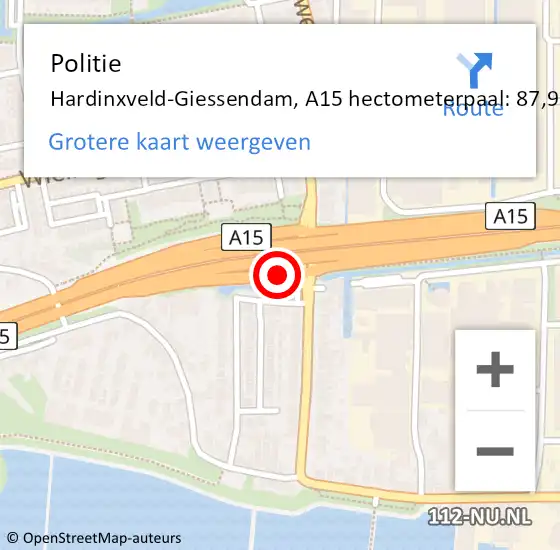 Locatie op kaart van de 112 melding: Politie Hardinxveld-Giessendam, A15 hectometerpaal: 87,9 op 28 september 2022 08:40