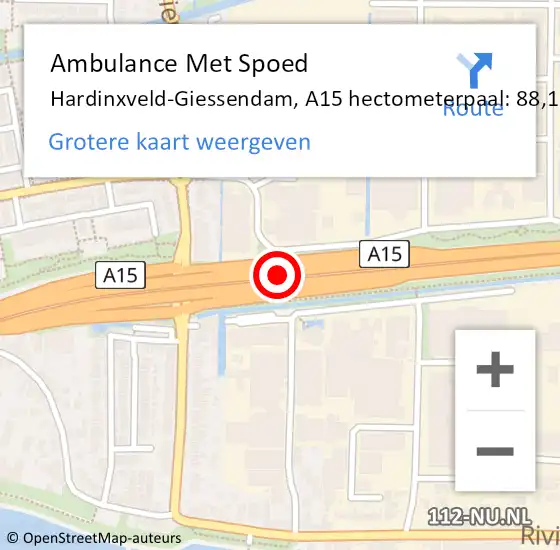 Locatie op kaart van de 112 melding: Ambulance Met Spoed Naar Hardinxveld-Giessendam, A15 hectometerpaal: 88,1 op 28 september 2022 08:41