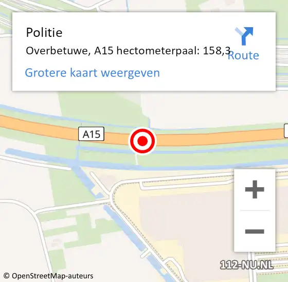 Locatie op kaart van de 112 melding: Politie Overbetuwe, A15 hectometerpaal: 158,3 op 28 september 2022 10:14