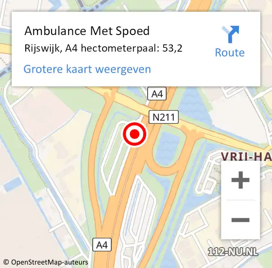 Locatie op kaart van de 112 melding: Ambulance Met Spoed Naar Rijswijk, A4 hectometerpaal: 53,2 op 28 september 2022 11:02