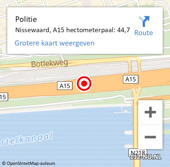 Locatie op kaart van de 112 melding: Politie Nissewaard, A15 hectometerpaal: 44,7 op 28 september 2022 13:02