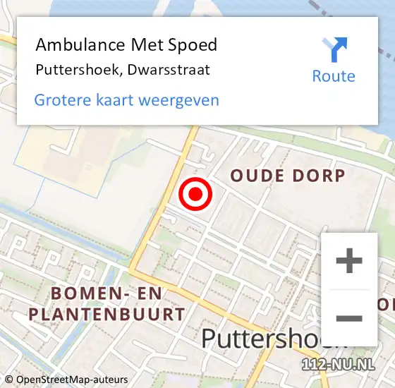 Locatie op kaart van de 112 melding: Ambulance Met Spoed Naar Puttershoek, Dwarsstraat op 28 september 2022 13:05