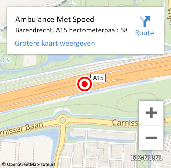 Locatie op kaart van de 112 melding: Ambulance Met Spoed Naar Barendrecht, A15 hectometerpaal: 58 op 28 september 2022 13:30