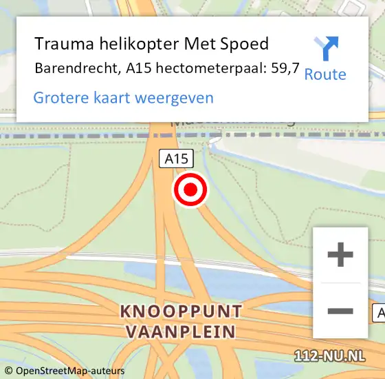 Locatie op kaart van de 112 melding: Trauma helikopter Met Spoed Naar Barendrecht, A15 hectometerpaal: 59,7 op 28 september 2022 13:37