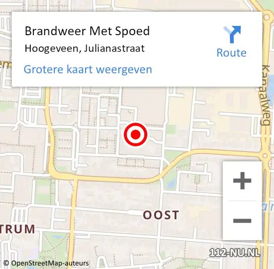 Locatie op kaart van de 112 melding: Brandweer Met Spoed Naar Hoogeveen, Julianastraat op 28 september 2022 14:41