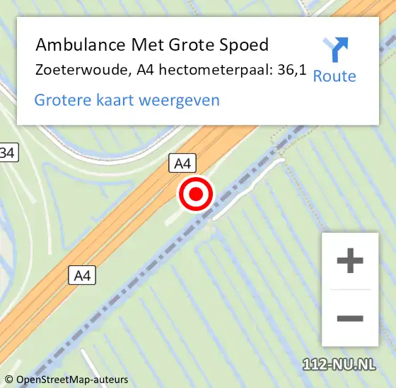 Locatie op kaart van de 112 melding: Ambulance Met Grote Spoed Naar Zoeterwoude, A4 hectometerpaal: 36,1 op 28 september 2022 16:41