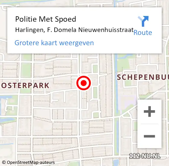 Locatie op kaart van de 112 melding: Politie Met Spoed Naar Harlingen, F. Domela Nieuwenhuisstraat op 28 september 2022 19:52