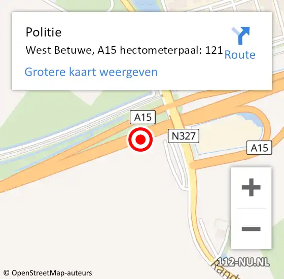 Locatie op kaart van de 112 melding: Politie West Betuwe, A15 hectometerpaal: 121 op 28 september 2022 20:14