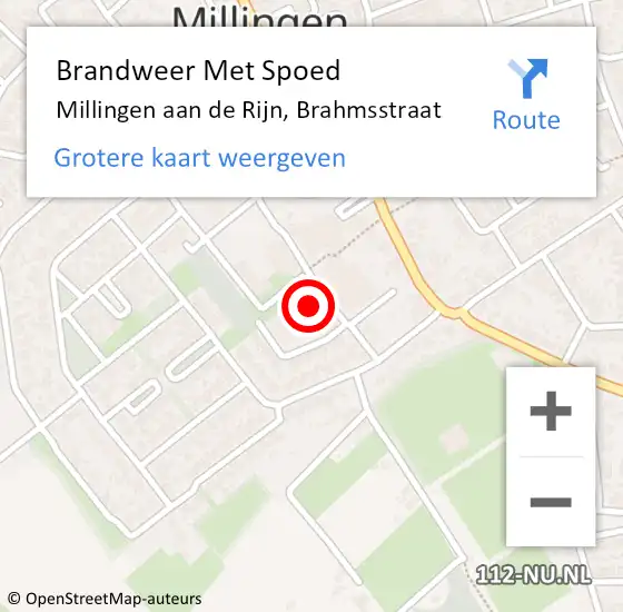 Locatie op kaart van de 112 melding: Brandweer Met Spoed Naar Millingen aan de Rijn, Brahmsstraat op 28 september 2022 20:15