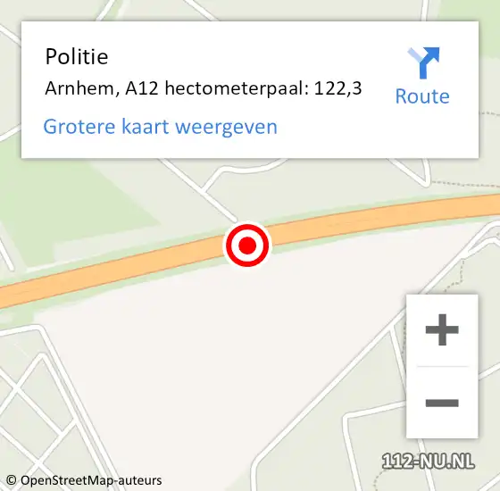Locatie op kaart van de 112 melding: Politie Arnhem, A12 hectometerpaal: 122,3 op 28 september 2022 22:02