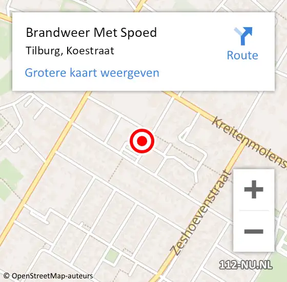 Locatie op kaart van de 112 melding: Brandweer Met Spoed Naar Tilburg, Koestraat op 28 september 2022 23:04