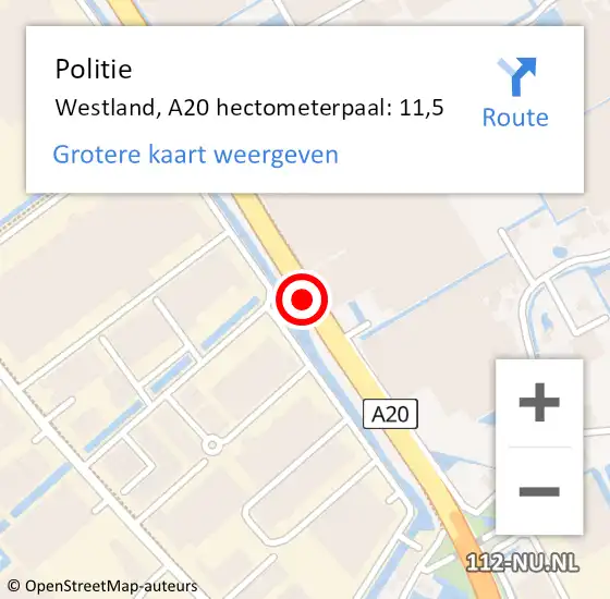 Locatie op kaart van de 112 melding: Politie Westland, A20 hectometerpaal: 11,5 op 29 september 2022 06:10