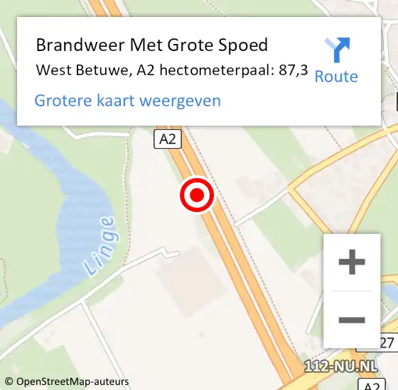 Locatie op kaart van de 112 melding: Brandweer Met Grote Spoed Naar West Betuwe, A2 hectometerpaal: 87,3 op 29 september 2022 06:20