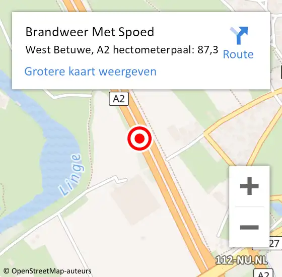 Locatie op kaart van de 112 melding: Brandweer Met Spoed Naar West Betuwe, A2 hectometerpaal: 87,3 op 29 september 2022 07:07