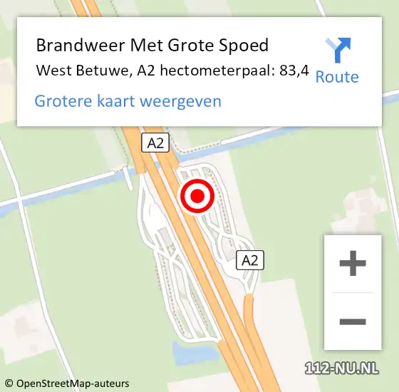 Locatie op kaart van de 112 melding: Brandweer Met Grote Spoed Naar West Betuwe, A2 hectometerpaal: 83,4 op 29 september 2022 07:48