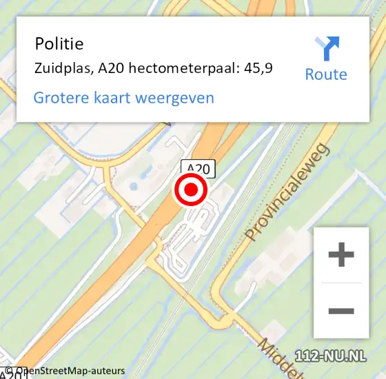 Locatie op kaart van de 112 melding: Politie Zuidplas, A20 hectometerpaal: 45,9 op 29 september 2022 08:11