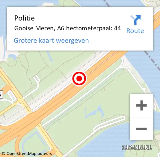 Locatie op kaart van de 112 melding: Politie Gooise Meren, A6 hectometerpaal: 44 op 29 september 2022 09:01