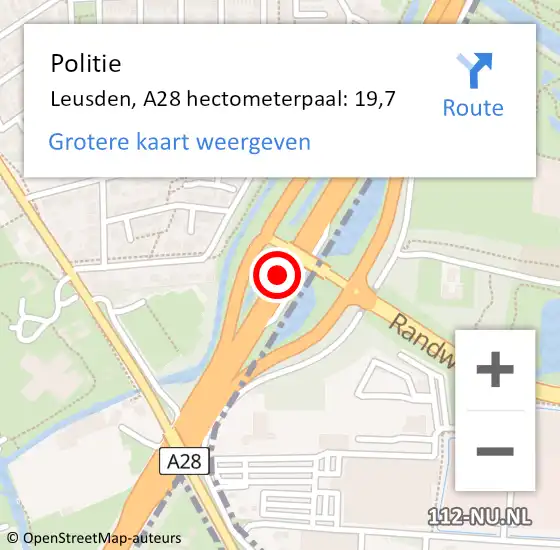 Locatie op kaart van de 112 melding: Politie Leusden, A28 hectometerpaal: 19,7 op 29 september 2022 10:55