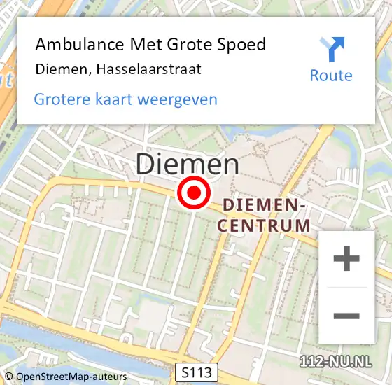 Locatie op kaart van de 112 melding: Ambulance Met Grote Spoed Naar Diemen, Hasselaarstraat op 29 september 2022 12:07