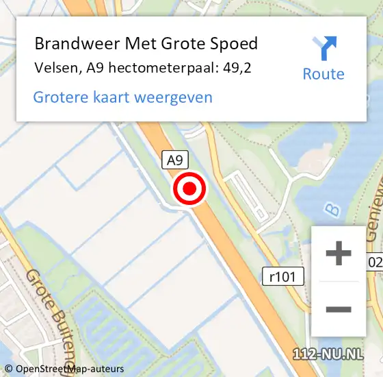 Locatie op kaart van de 112 melding: Brandweer Met Grote Spoed Naar Velsen, A9 hectometerpaal: 49,2 op 29 september 2022 12:25