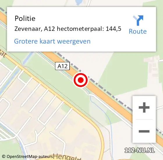 Locatie op kaart van de 112 melding: Politie Zevenaar, A12 hectometerpaal: 144,5 op 29 september 2022 14:29