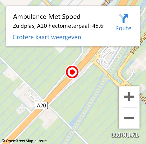 Locatie op kaart van de 112 melding: Ambulance Met Spoed Naar Zuidplas, A20 hectometerpaal: 45,6 op 29 september 2022 15:26