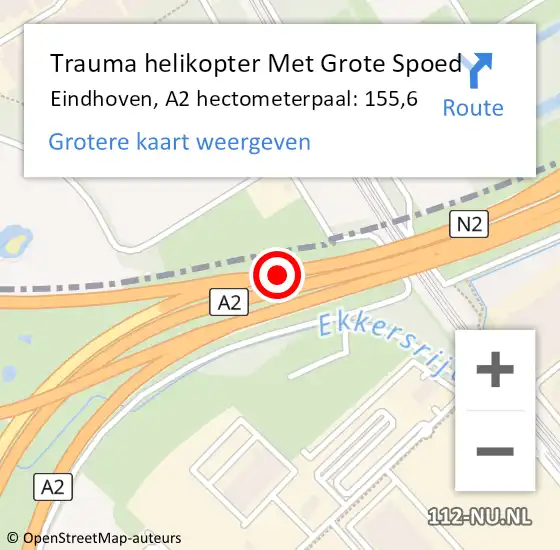 Locatie op kaart van de 112 melding: Trauma helikopter Met Grote Spoed Naar Eindhoven, A2 hectometerpaal: 155,6 op 29 september 2022 16:20