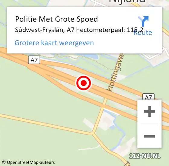 Locatie op kaart van de 112 melding: Politie Met Grote Spoed Naar Súdwest-Fryslân, A7 hectometerpaal: 115,2 op 29 september 2022 16:57