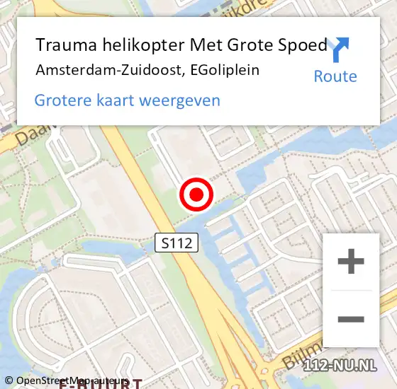 Locatie op kaart van de 112 melding: Trauma helikopter Met Grote Spoed Naar Amsterdam-Zuidoost, EGoliplein op 29 september 2022 17:39