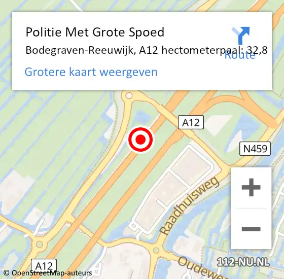 Locatie op kaart van de 112 melding: Politie Met Grote Spoed Naar Bodegraven-Reeuwijk, A12 hectometerpaal: 32,8 op 29 september 2022 18:04