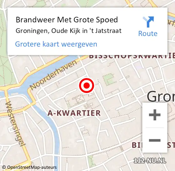 Locatie op kaart van de 112 melding: Brandweer Met Grote Spoed Naar Groningen, Oude Kijk in 't Jatstraat op 29 september 2022 18:16