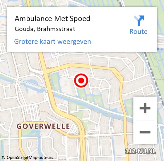 Locatie op kaart van de 112 melding: Ambulance Met Spoed Naar Gouda, Brahmsstraat op 29 september 2022 19:05