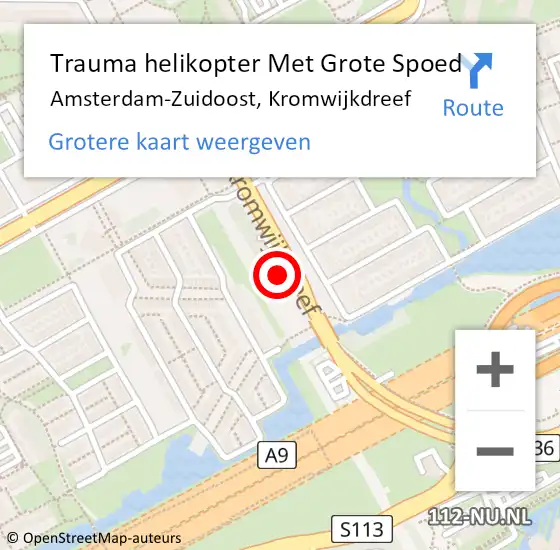 Locatie op kaart van de 112 melding: Trauma helikopter Met Grote Spoed Naar Amsterdam-Zuidoost, Kromwijkdreef op 29 september 2022 20:52