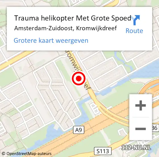 Locatie op kaart van de 112 melding: Trauma helikopter Met Grote Spoed Naar Amsterdam-Zuidoost, Kromwijkdreef op 29 september 2022 21:29