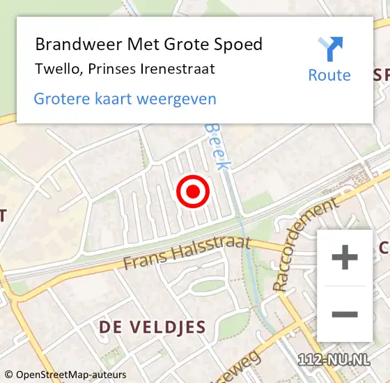 Locatie op kaart van de 112 melding: Brandweer Met Grote Spoed Naar Twello, Prinses Irenestraat op 29 september 2022 22:00