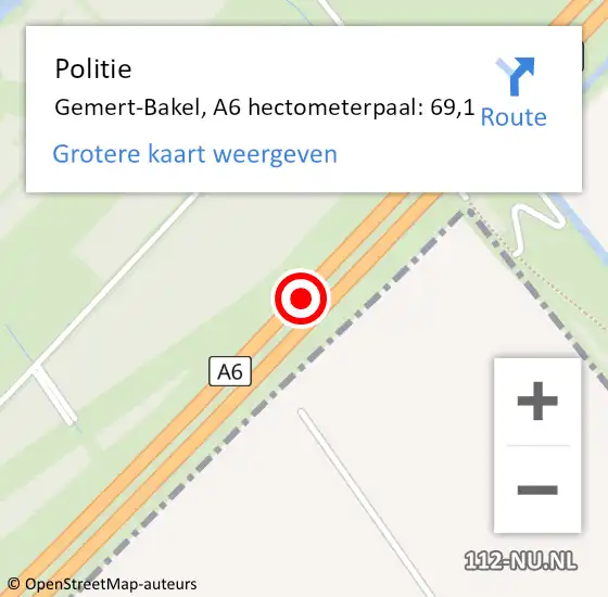 Locatie op kaart van de 112 melding: Politie Gemert-Bakel, A6 hectometerpaal: 69,1 op 29 september 2022 22:13