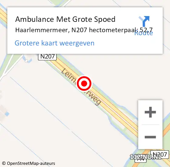 Locatie op kaart van de 112 melding: Ambulance Met Grote Spoed Naar Haarlemmermeer, N207 hectometerpaal: 52,7 op 29 september 2022 22:31