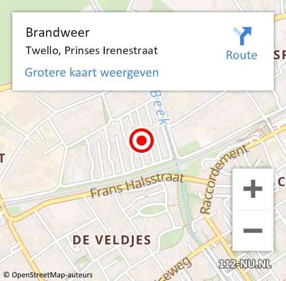 Locatie op kaart van de 112 melding: Brandweer Twello, Prinses Irenestraat op 29 september 2022 22:36