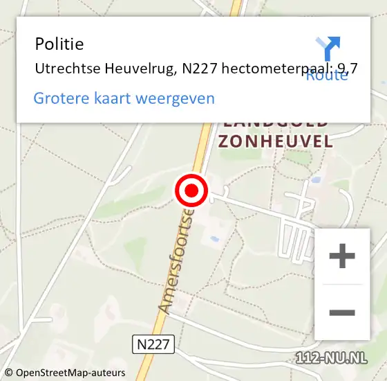 Locatie op kaart van de 112 melding: Politie Utrechtse Heuvelrug, N227 hectometerpaal: 9,7 op 29 september 2022 23:20