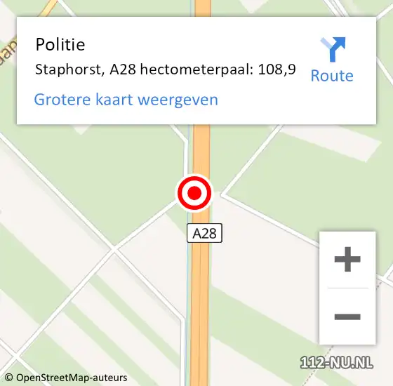 Locatie op kaart van de 112 melding: Politie Staphorst, A28 hectometerpaal: 108,9 op 30 september 2022 00:07