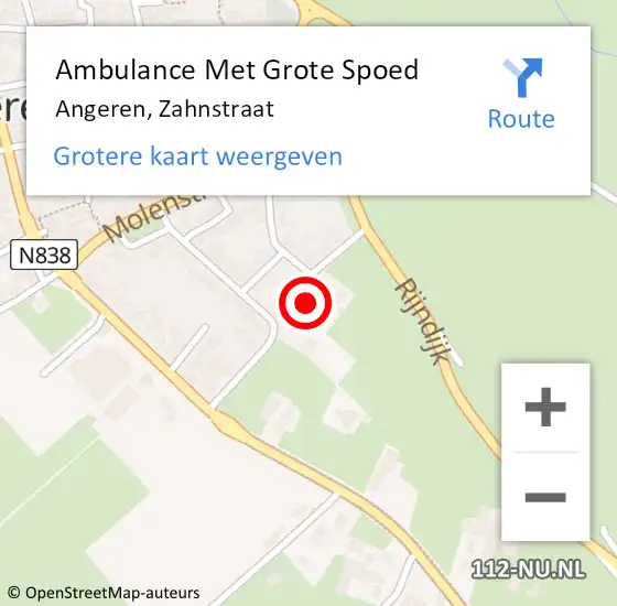 Locatie op kaart van de 112 melding: Ambulance Met Grote Spoed Naar Angeren, Zahnstraat op 30 september 2022 08:33