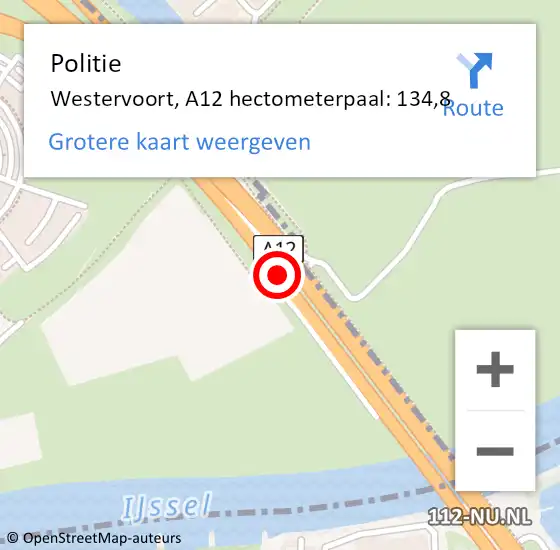 Locatie op kaart van de 112 melding: Politie Westervoort, A12 hectometerpaal: 134,8 op 30 september 2022 08:56