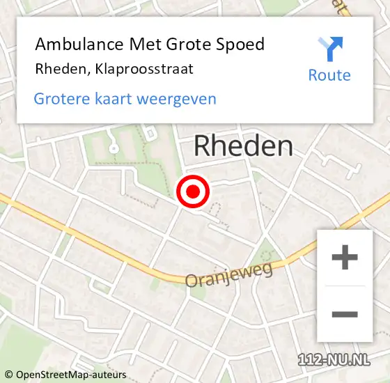 Locatie op kaart van de 112 melding: Ambulance Met Grote Spoed Naar Rheden, Klaproosstraat op 30 september 2022 11:37