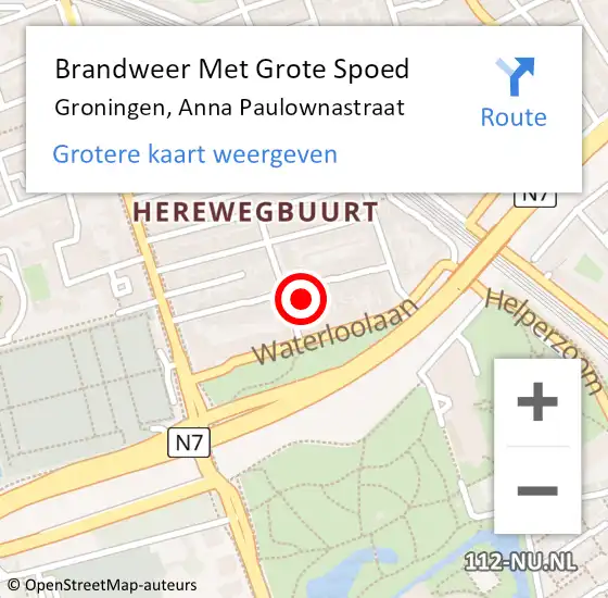 Locatie op kaart van de 112 melding: Brandweer Met Grote Spoed Naar Groningen, Anna Paulownastraat op 30 september 2022 12:11