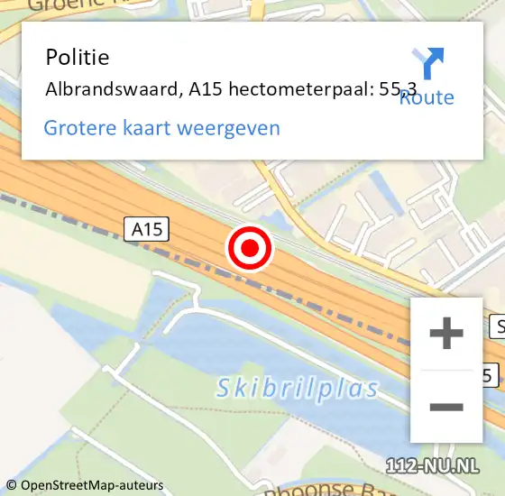 Locatie op kaart van de 112 melding: Politie Albrandswaard, A15 hectometerpaal: 55,3 op 30 september 2022 12:40