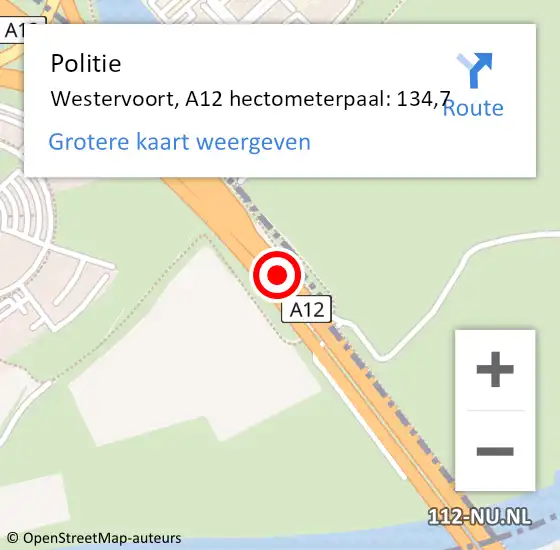 Locatie op kaart van de 112 melding: Politie Westervoort, A12 hectometerpaal: 134,7 op 30 september 2022 15:33